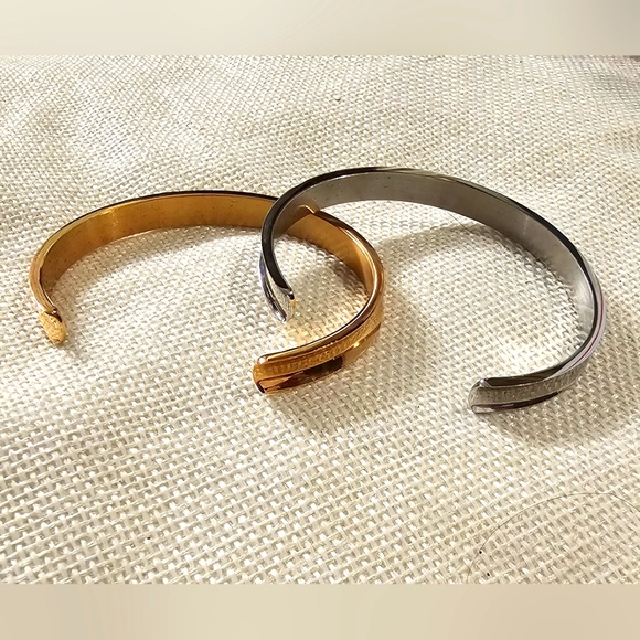 Stainless Steel Silvertone and Rosegold Tone Hair Tie Cuff Bracelet Set NWOT - Picture 3 of 3